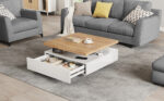 Multifunctional Square 360° Swivel Coffee Table with Drawer, White High-Gloss 2-Tier Center Table - Image 2