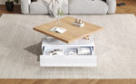 Multifunctional Square 360° Swivel Coffee Table with Drawer, White High-Gloss 2-Tier Center Table - Image 11