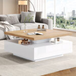 Multifunctional Square 360° Swivel Coffee Table with Drawer, White High-Gloss 2-Tier Center Table - Image 16