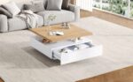 Multifunctional Square 360° Swivel Coffee Table with Drawer, White High-Gloss 2-Tier Center Table - Image 44