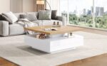 Multifunctional Square 360° Swivel Coffee Table with Drawer, White High-Gloss 2-Tier Center Table - Image 45