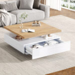 Multifunctional Square 360° Swivel Coffee Table with Drawer, White High-Gloss 2-Tier Center Table - Image 46