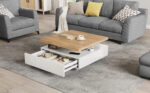 Multifunctional Square 360° Swivel Coffee Table with Drawer, White High-Gloss 2-Tier Center Table - Image 6