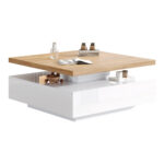 Multifunctional Square 360° Swivel Coffee Table with Drawer, White High-Gloss 2-Tier Center Table - Image 55