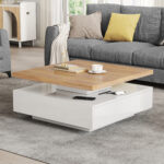 Multifunctional Square 360° Swivel Coffee Table with Drawer, White High-Gloss 2-Tier Center Table - Image 71