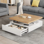 Multifunctional Square 360° Swivel Coffee Table with Drawer, White High-Gloss 2-Tier Center Table - Image 72
