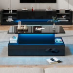 Modern Black High-Gloss Coffee Table with LED Lighting and 4 Drawers - Stylish Side Table, 90x55x41 cm - Image 56
