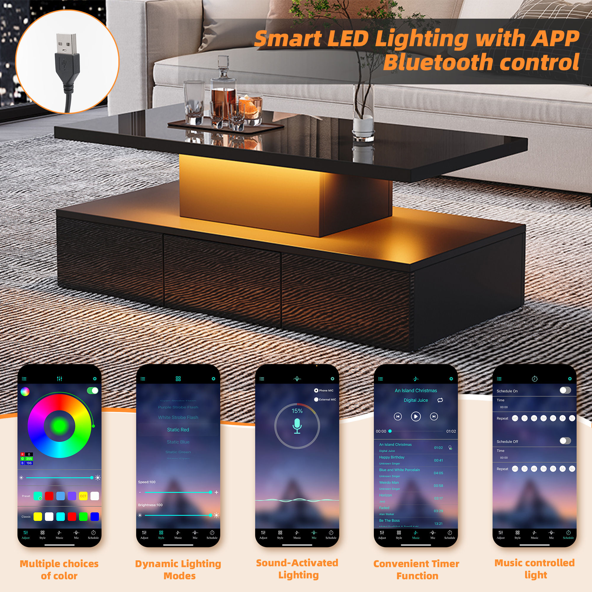 Two-Tier Living Room Coffee Table with 16-Color LED Light, High-Gloss Living Room Table, Sofa Table