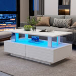 White LED Coffee Table with Storage Function, Acrylic LED Living Room Table, Side Table, Double-Layer Design