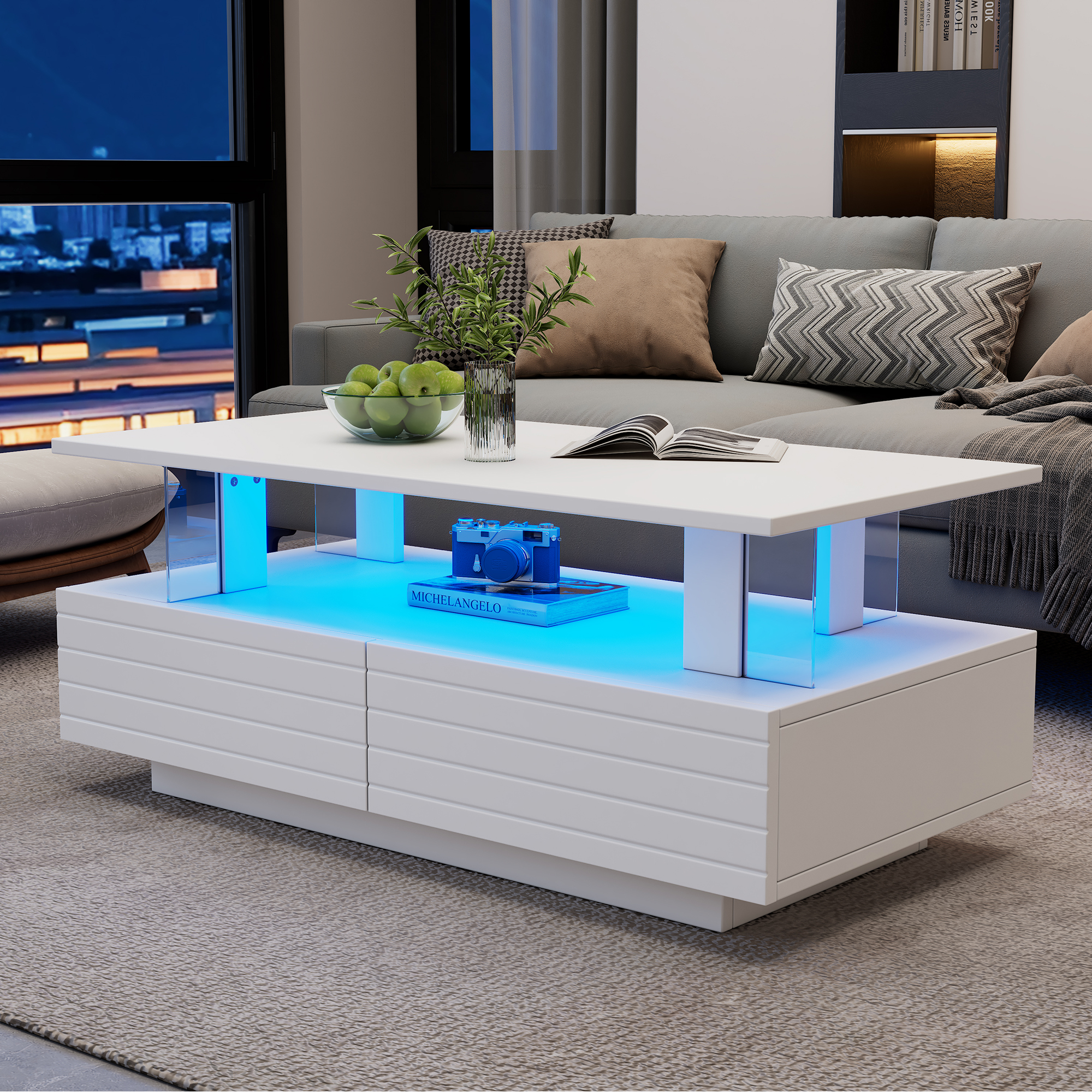 White LED Coffee Table with Storage Function, Acrylic LED Living Room Table, Side Table, Double-Layer Design