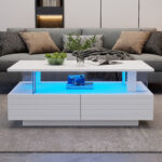 White LED Coffee Table with Storage Function, Acrylic LED Living Room Table, Side Table, Double-Layer Design - Image 9