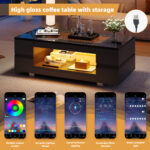 Black LED Coffee Table with Bluetooth App Control, Double-Layer High-Gloss Hollow Design Table, Large Storage - Image 8