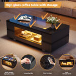 Black LED Coffee Table with Bluetooth App Control, Double-Layer High-Gloss Hollow Design Table, Large Storage - Image 43