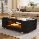 Black LED Coffee Table with Bluetooth App Control, Double-Layer High-Gloss Hollow Design Table, Large Storage - Image 6