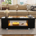 Black LED Coffee Table with Bluetooth App Control, Double-Layer High-Gloss Hollow Design Table, Large Storage - Image 7