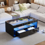 Modern Coffee Table with LED Light, rectangular sofa table with 2 Large Drawers, Spacious Living Room Table - Image 30