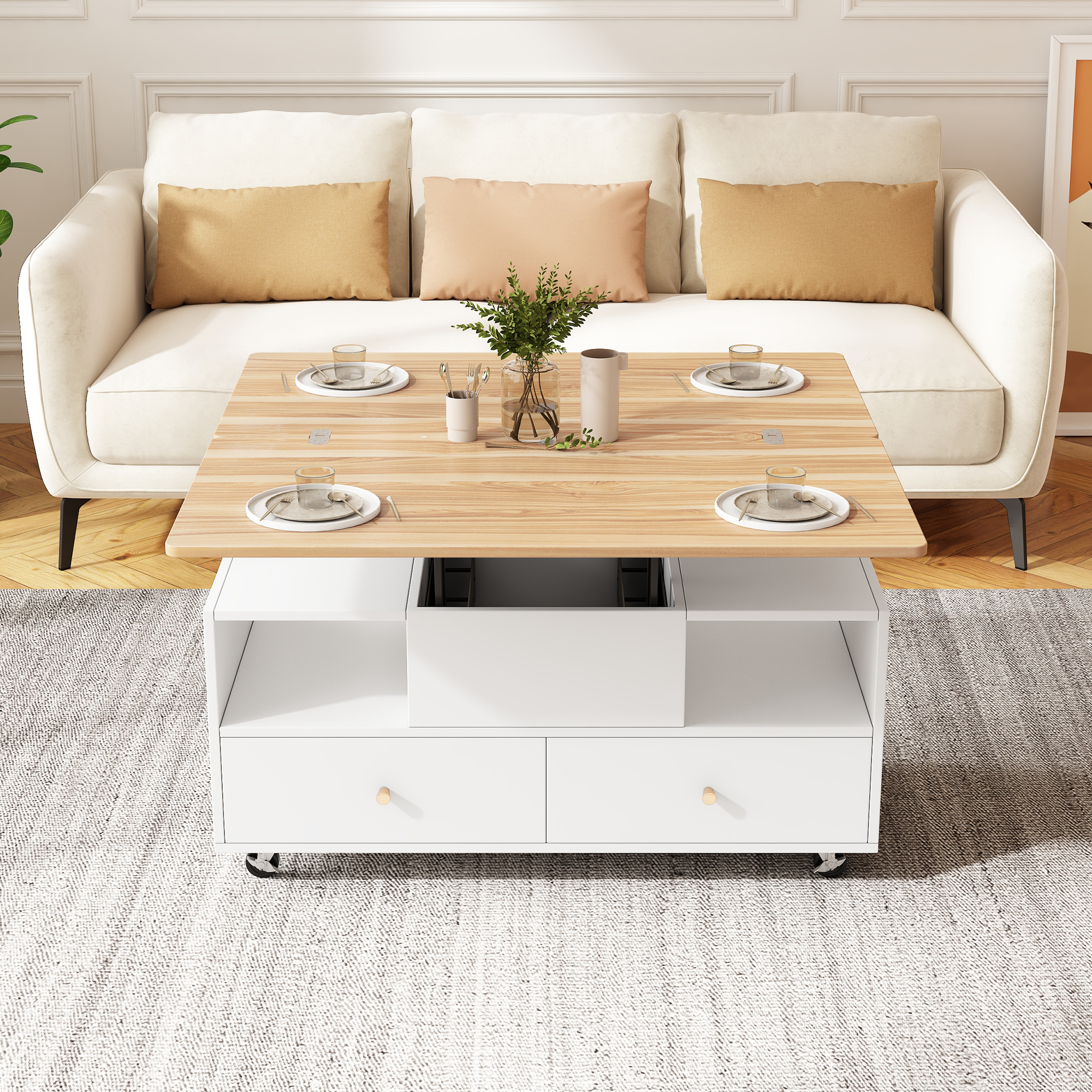N625P292545546Z_6 Height-Adjustable Coffee Table with Folding Function and 4 Drawers, 100 x 50 x 47.5 cm, One Large and One Small Drawer - Image 1