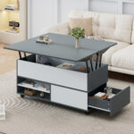 100*98*65cm Height-Adjustable Coffee Table with Hidden Storage and Shelf, Living Room Table - Image 35