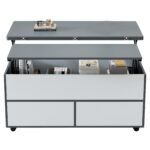 100*98*65cm Height-Adjustable Coffee Table with Hidden Storage and Shelf, Living Room Table - Image 49