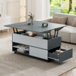 100*98*65cm Height-Adjustable Coffee Table with Hidden Storage and Shelf, Living Room Table - Image 56