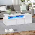 100*50*35cm Tea Table with LED, Living Room Coffee Table, Sofa Table with 2 Drawers, Coffee Table with Storage