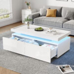 95*45*35cm Coffee Table, Living Room Table with LED, Coffee Table with 2 Drawers, High-Gloss Sofa Table, Modern Style - Image 22
