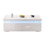 95*45*35cm Coffee Table, Living Room Table with LED, Coffee Table with 2 Drawers, High-Gloss Sofa Table, Modern Style