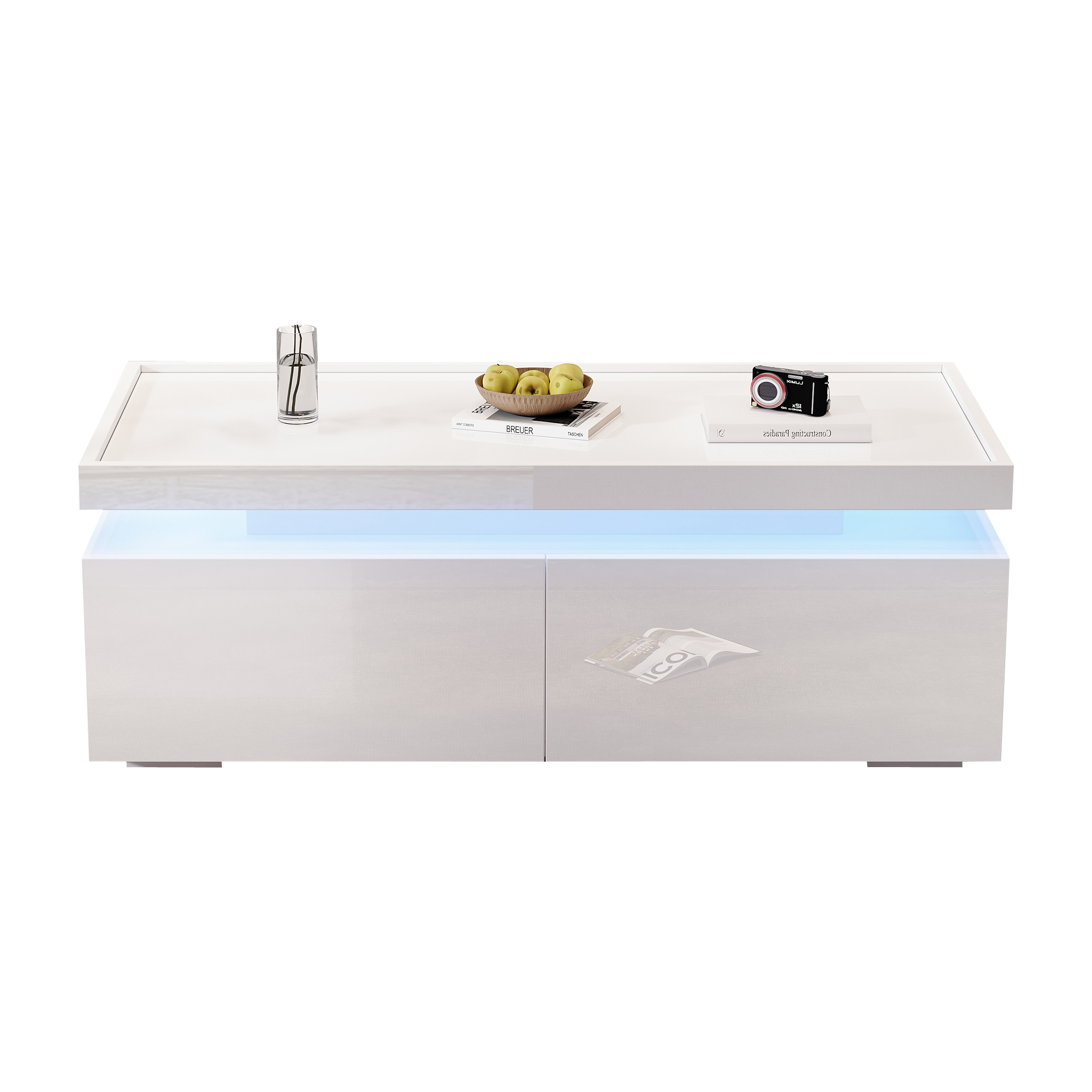 95*45*35cm Coffee Table, Living Room Table with LED, Coffee Table with 2 Drawers, High-Gloss Sofa Table, Modern Style