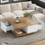 70 x 70 x 31.5cm Coffee Table with 3 Drawers, Geometric Coffee Table, High-Gloss Living Room Table - Image 19