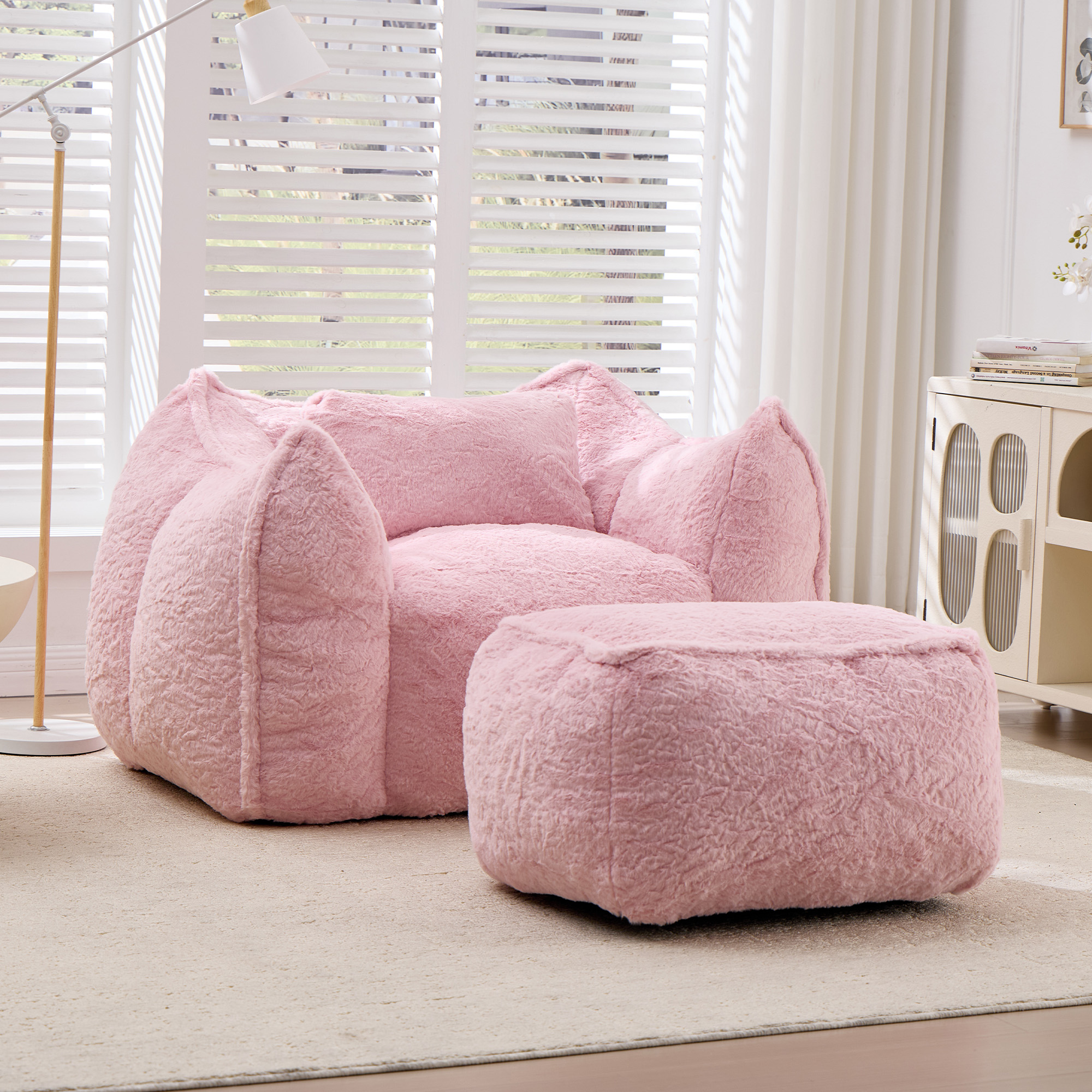 Giant Bean Bag Chair for Adults &Kids Faux Fur Bean Bag Sofa Chairs with Pillow &Ottoman, Comfy Read