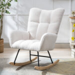 Teddy Fabric Rocking Chair with Pocket, Soft Rocking Chair for Nursery, Comfy Wingback Golider Rocki