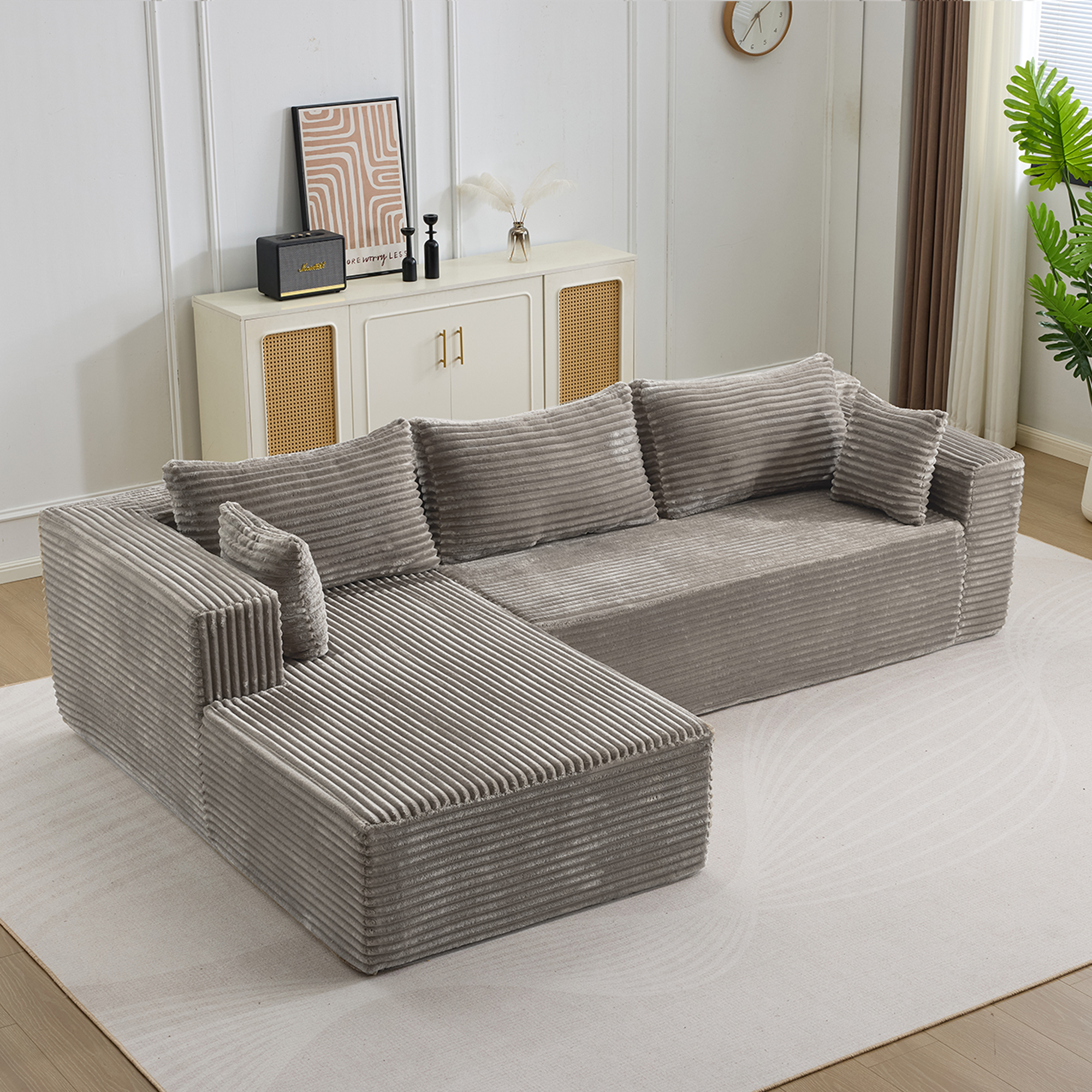 Kompresní rohová sedačka s pohodlným chaise longue, bezkostková L-tyčová pohovka s hlubokým sedákem, minimalistický modulární