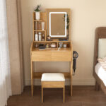 Vanity Table with LED-Lit Mirror, Power Outlet, Hair Dryer Holder & Padded Stool - Compact Set
