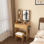 Vanity Table with LED-Lit Mirror, Power Outlet, Hair Dryer Holder & Padded Stool - Compact Set - Image 14