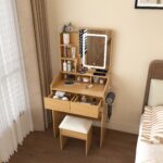 Vanity Table with LED-Lit Mirror, Power Outlet, Hair Dryer Holder & Padded Stool - Compact Set - Image 2