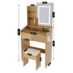 Vanity Table with LED-Lit Mirror, Power Outlet, Hair Dryer Holder & Padded Stool - Compact Set - Image 3