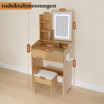 Vanity Table with LED-Lit Mirror, Power Outlet, Hair Dryer Holder & Padded Stool - Compact Set - Image 4