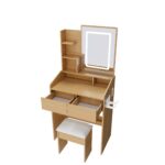 Vanity Table with LED-Lit Mirror, Power Outlet, Hair Dryer Holder & Padded Stool - Compact Set - Image 5