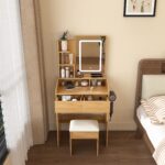 Vanity Table with LED-Lit Mirror, Power Outlet, Hair Dryer Holder & Padded Stool - Compact Set - Image 6