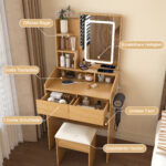 Vanity Table with LED-Lit Mirror, Power Outlet, Hair Dryer Holder & Padded Stool - Compact Set - Image 8