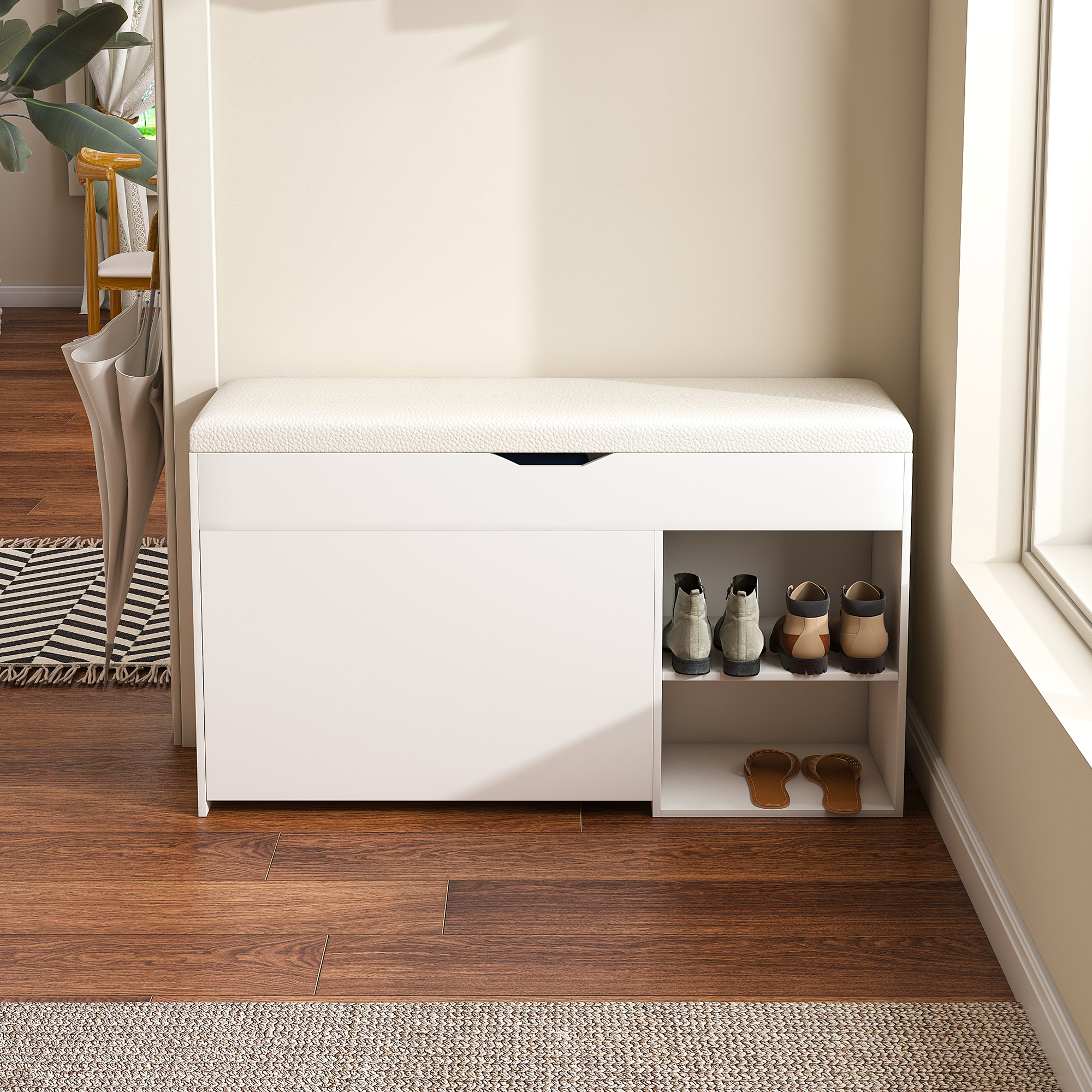 Schuhbank, Flurbank mit aufklappbarem, verstecktem Staufach, Modernes, minimalistisches Design, Geei