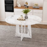Modular Round Dining Table, 120 cm Diameter and 76 cm Height, MDF with Imitated Marble in White