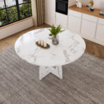 Modular Round Dining Table, 120 cm Diameter and 76 cm Height, MDF with Imitated Marble in White - Image 2