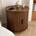 Mid-Century Cylindrical Nightstand with Charging Station (Outlet + 2 USB), Sliding Door & Storage - Round