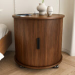 Mid-Century Cylindrical Nightstand with Charging Station (Outlet + 2 USB), Sliding Door & Storage - Round - Image 2