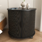 Mid-Century Cylindrical Nightstand with Charging Station (Outlet + 2 USB), Sliding Door & Storage - Round