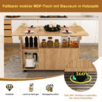 Rectangular Foldable Mobile Dining Table 110x70x80 cm, Multifunctional with 5 Storage Shelves and 5 Casters - Image 7