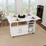 Rectangular Foldable Mobile Dining Table 110x70x80 cm, Multifunctional with 5 Storage Shelves and 5 Casters - Image 2