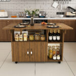 Rectangular Foldable Mobile Dining Table 110x70x80 cm, Multifunctional with 5 Storage Shelves and 5 Casters