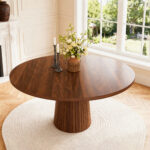 Round Kitchen Table 110 cm Country Style, MDF Tabletop with Walnut Veneer from Two Semicircles, Cylindrical
